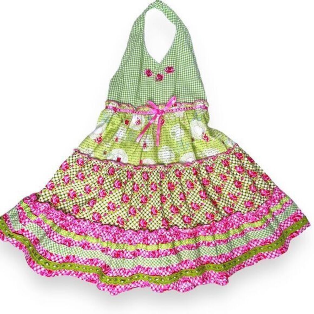 Blueberi Boulevard Smocked Sun Dress Tiered‎ Gingham Halter Neck Dress Size 5